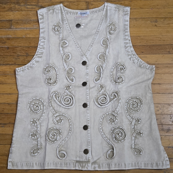 Serengeti Jackets & Blazers - Vintage Serengeti Tan Khaki Sleeveless Embellished Denim Vest NWOT